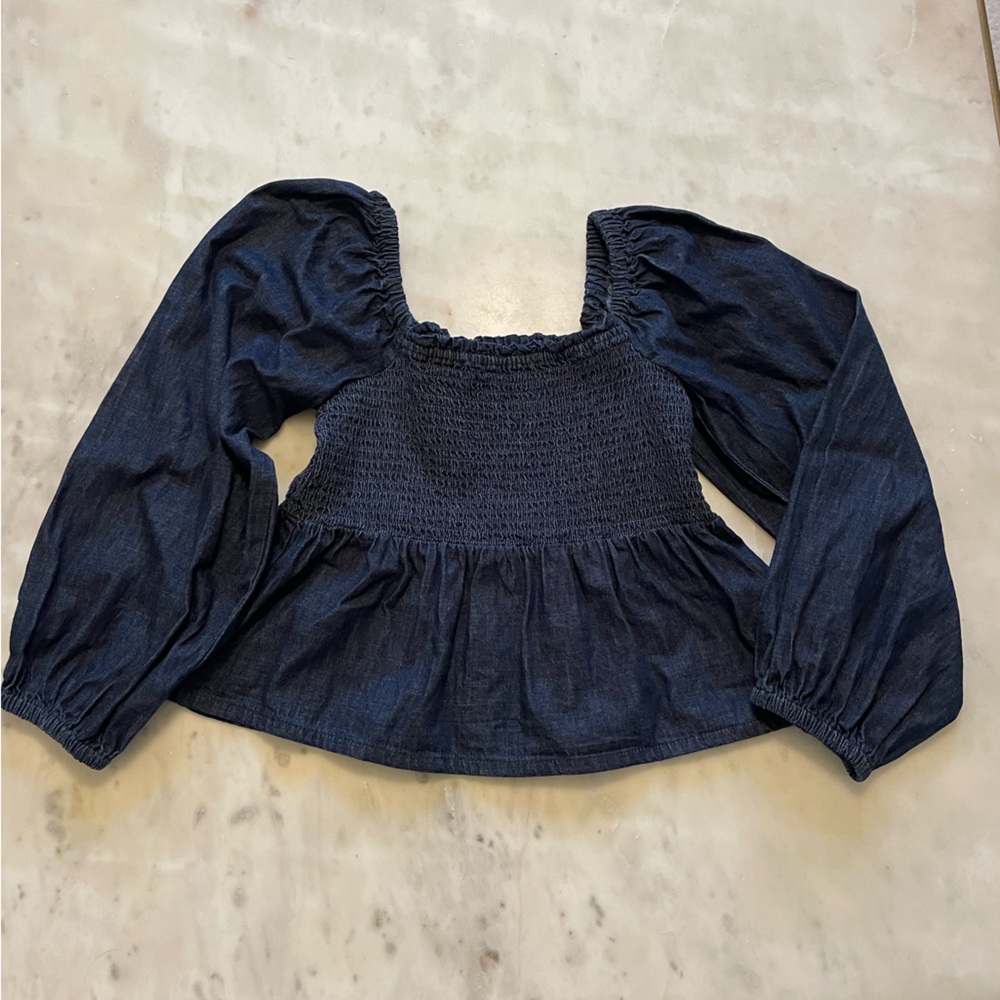 J Crew Smocked Chambray Denim Puff Sleeve Top Medium